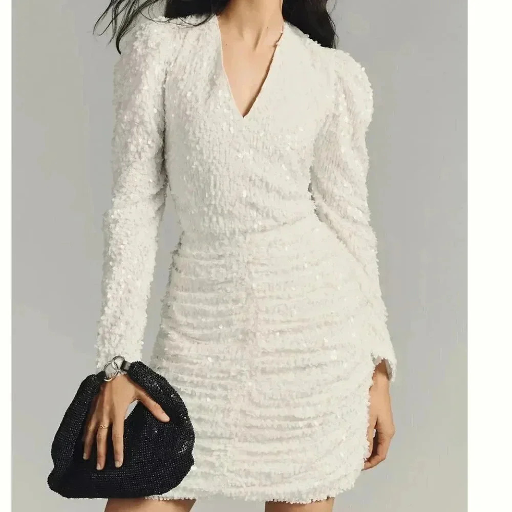 NWT Anthropologie Let Me BeSequin White V-Neck Mini Dress Size XS